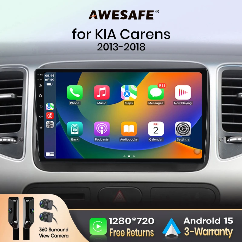 AWESAFE CarPlay inalámbrico Android Auto para Kia Carens 2013-2018, radio para coche, reproductor multimedia, estéreo, Wi-Fi, navegación GPS, 2 Din, autorradio, sistemas inteligentes para coche, 1280*720, IPS, unidad principal, FM, RDS, DSP, SWC, BT, Plug and Play, ISO 1