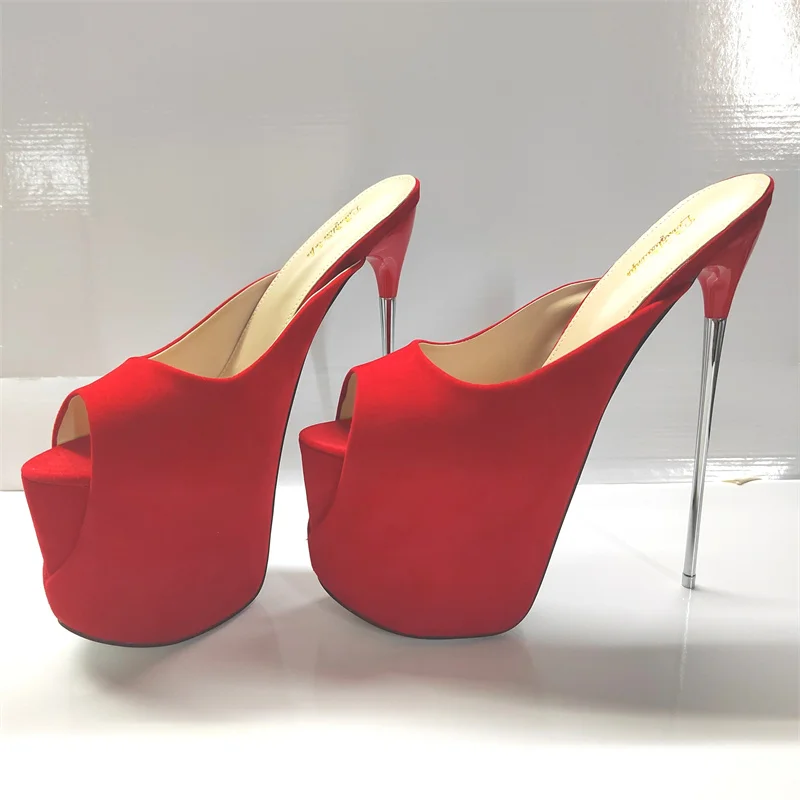 Women Summer Slippers 19cm Metal Extreme High Heels Platform Sandals Black Red Luxury Sexy Mules Strippers Party Shoes