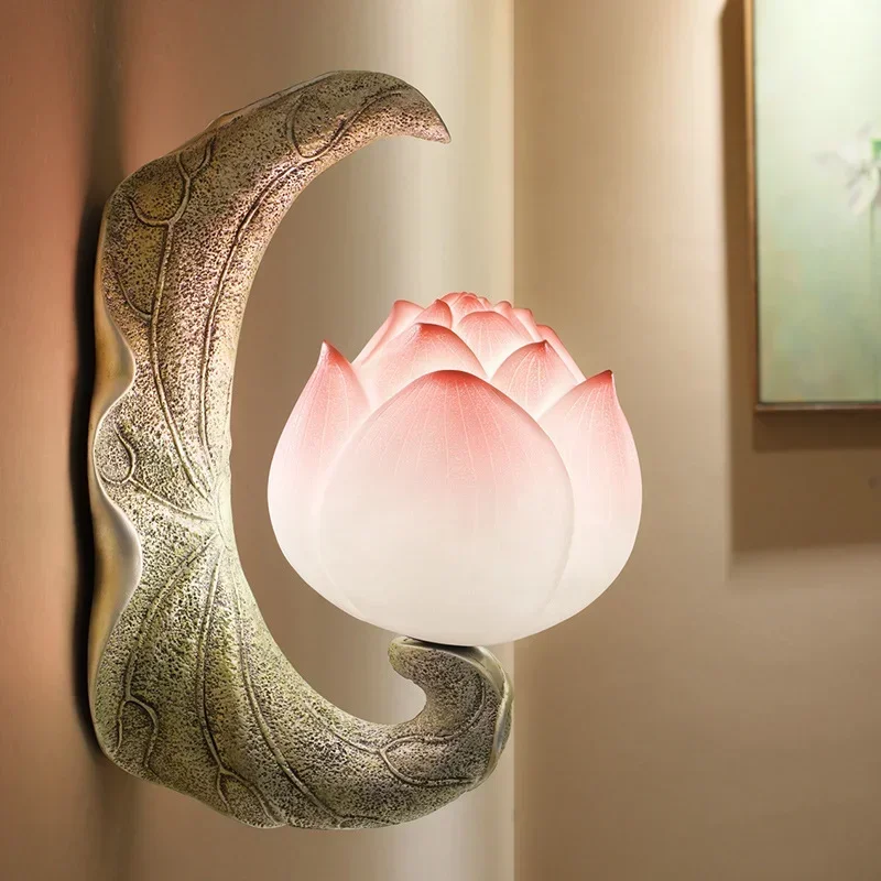 Nordic Modern Lotus Wall Lamp LED Study Staircase Living Room Bedroom Bedside Retro Resin Atmosphere Light Home Decor Lighting