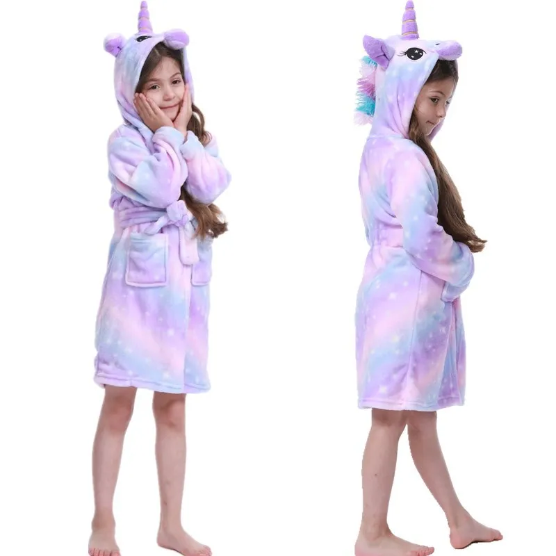 Kids Flannel Robes Unicorn Boys Girls Star Unicorn Animal Cartoon Hooded Long Sleeve Winter Bathrobe Sleepwear Pajamas