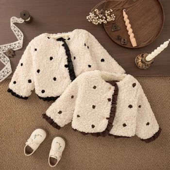 Autumn Winter Baby Girl Coat Korean Style Black Polka Dot Lace Long Sleeved Plush Coat for Girls Fashion Warm Costume