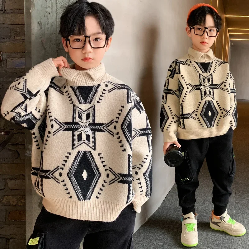 

2023 Korea Autumn Winter School Boy Pullover Sweater Teenager Boy High Collar Warm Knitwears Junior Boy Thicken Knitted Tops