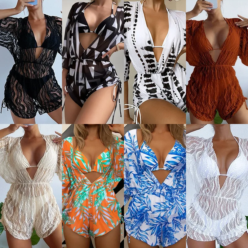 Long Sleeve Mesh Waist One-Piece Swimsuit High Waist Print Drawstring Three-Piece Bikini for Women