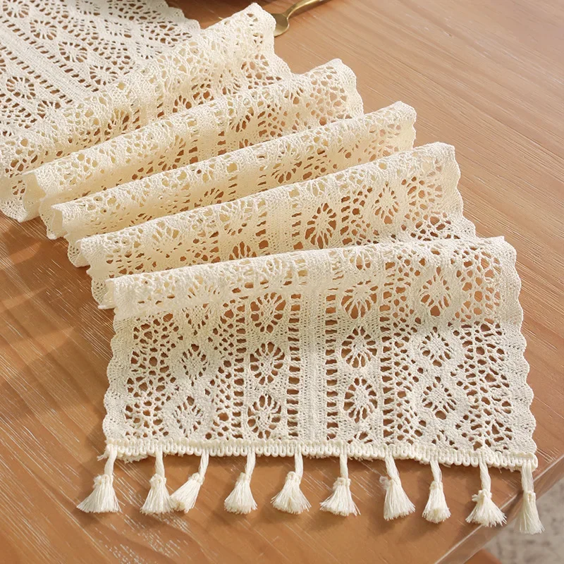 

2023 NEW Beige Table Runner Christmas Crochet Lace Cotton Blended Fabric with Tassel For Coffee Table Decor Wedding Decoration