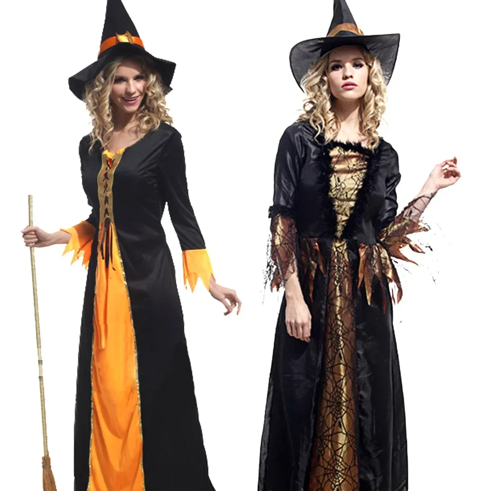 Women Cosplay Costume Halloween Witch Costumes with Broom for Sexy Women Fantasy Vampire Witch Dress Up Carnival Party Dress