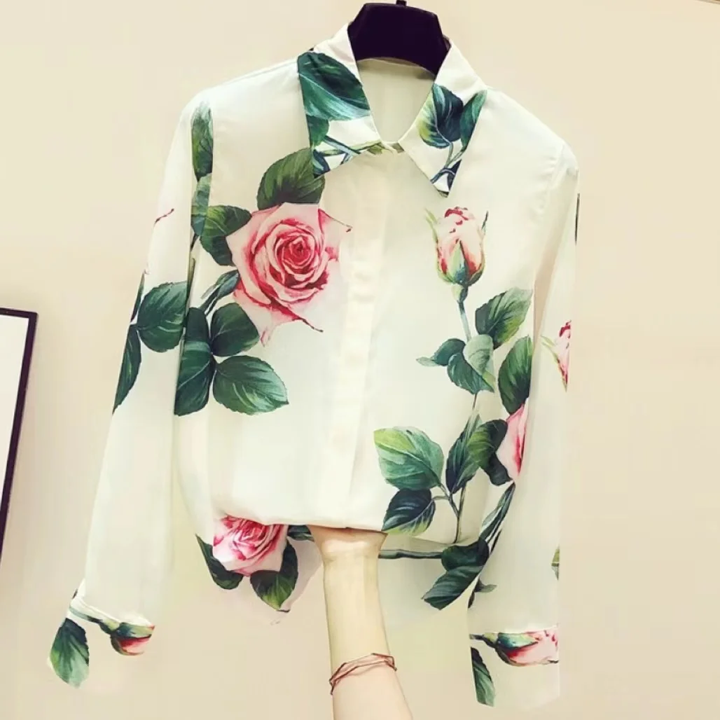 

Retro Rose Printed Shirt Blouse Women's 2023 Autumn Satin Elegant Long Sleeve Shirt Top Trend Blusa Female