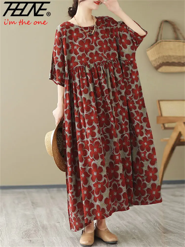 

Женское платье оверсайз, летнее винтажное женское свободное женское платье, корейское модное повседневное длинное платье с принтом