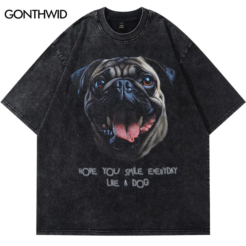 

Vintage Men Tshirt Hip Hop Smile Sharpei Dog Animal Graphic Print Washed T-Shirt Harajuku Punk Gothic Oversized Tee Fashion Tops