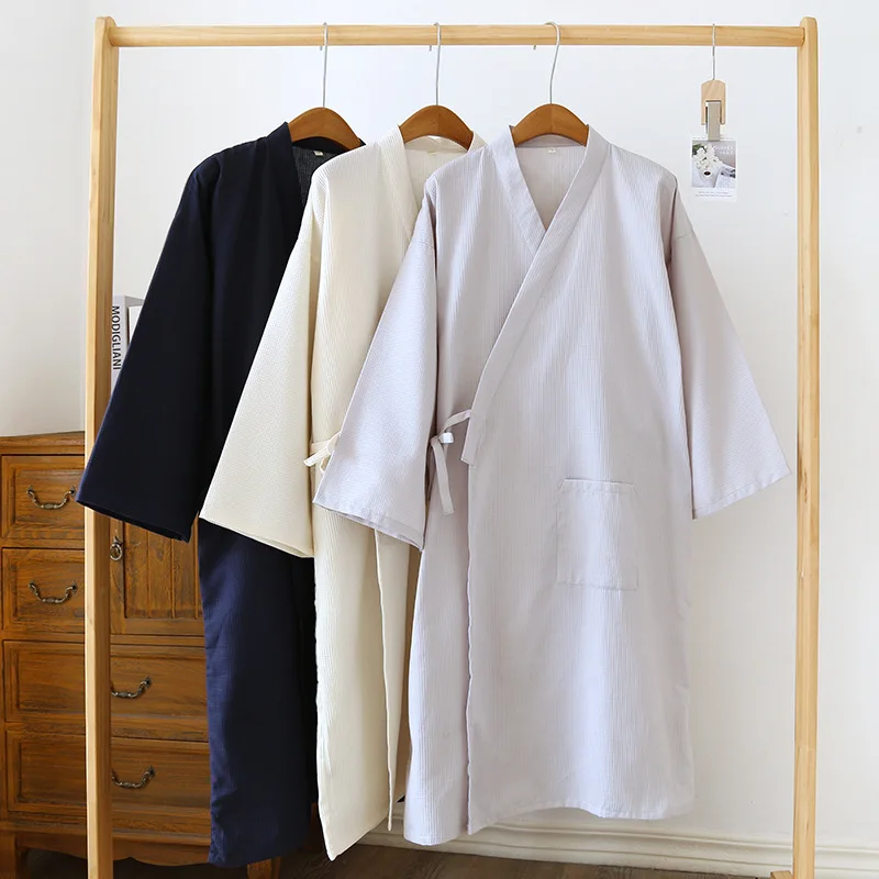

Spring and Autumn Thin Cotton Waffle Long Sleeve Kimono Bathrobe Men's Nightgown Cardigan Loose Sweat Steamer Pajama Robes