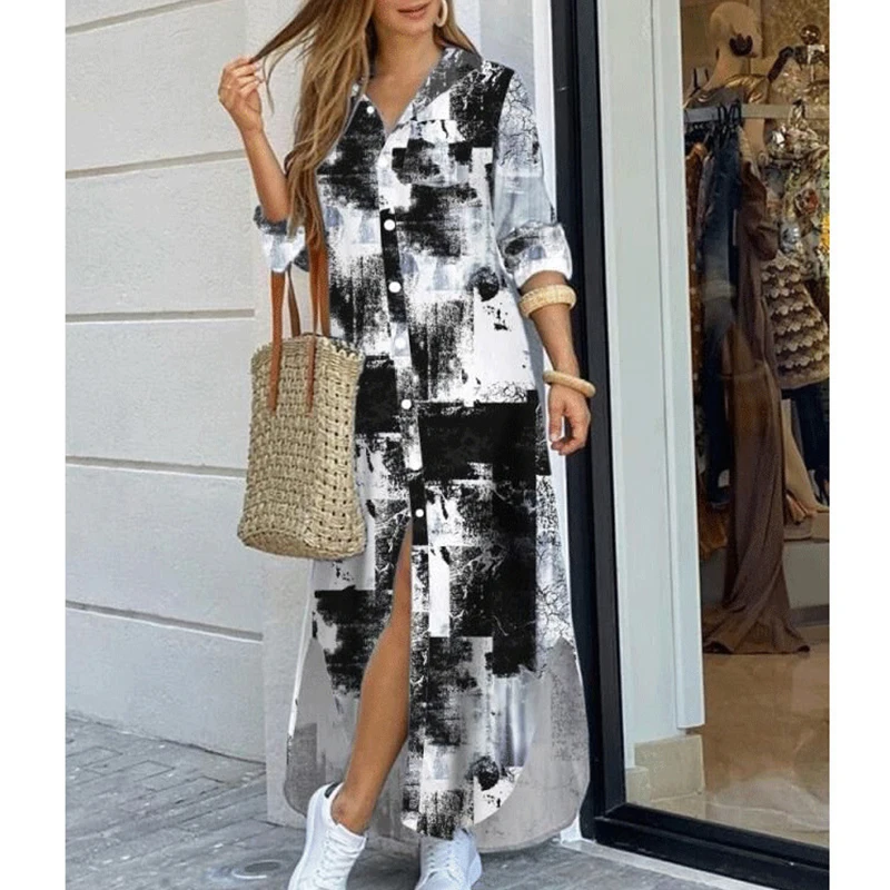 

Women Fashion Lapel Tie-dye Printed Button Split Dress Long Sleeve Boho Casual Beach Shirt Dresses Vintage Elegant Robe Vestidos
