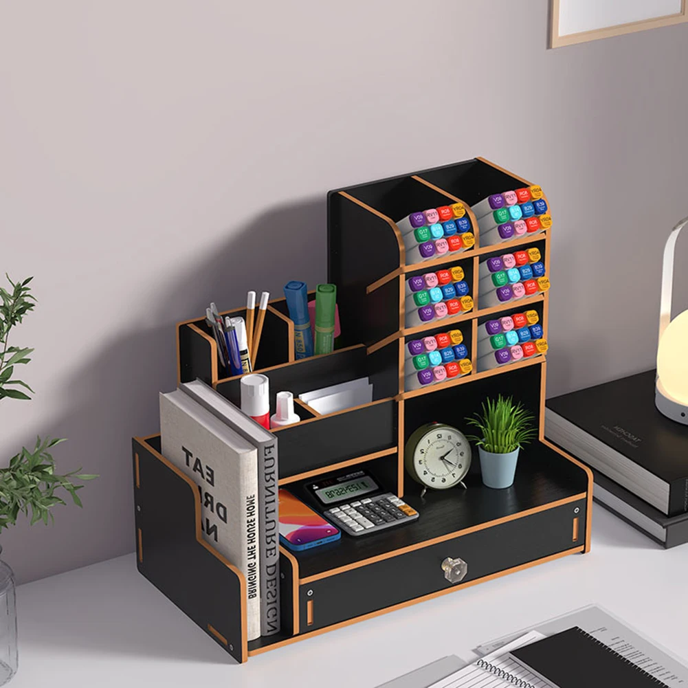 

Wooden Desk Organizer Student Stationery Storage Box For Cosmetics School Office Home Large-Capacity Storage Pen Holder