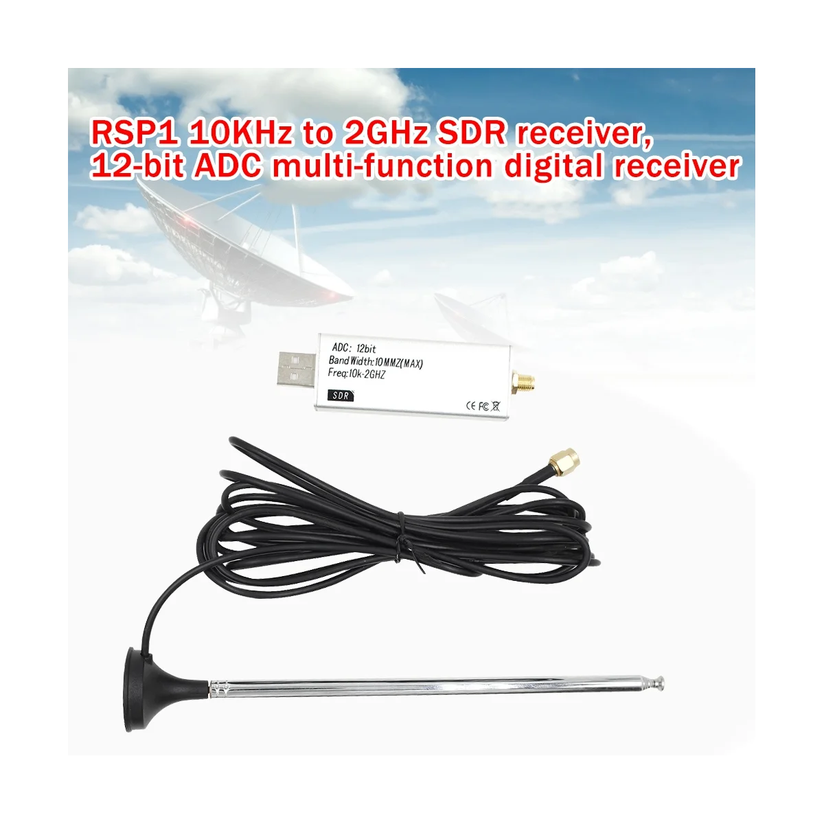 

Приемник RSP1 SDR 10 кгц-1 ГГц, 12 бит, USB ADC, авиационный ресивер, совместимый с RSP1 HF, AM, FM, SSB, CW, с антенной и основанием