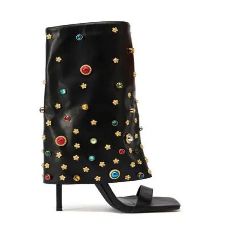 

Summer Black Leather Colorful Diamonds Metal Flower Rivet Zipper Side Thin Heels One Line Slip On Mid-calf Sandals Boots Women