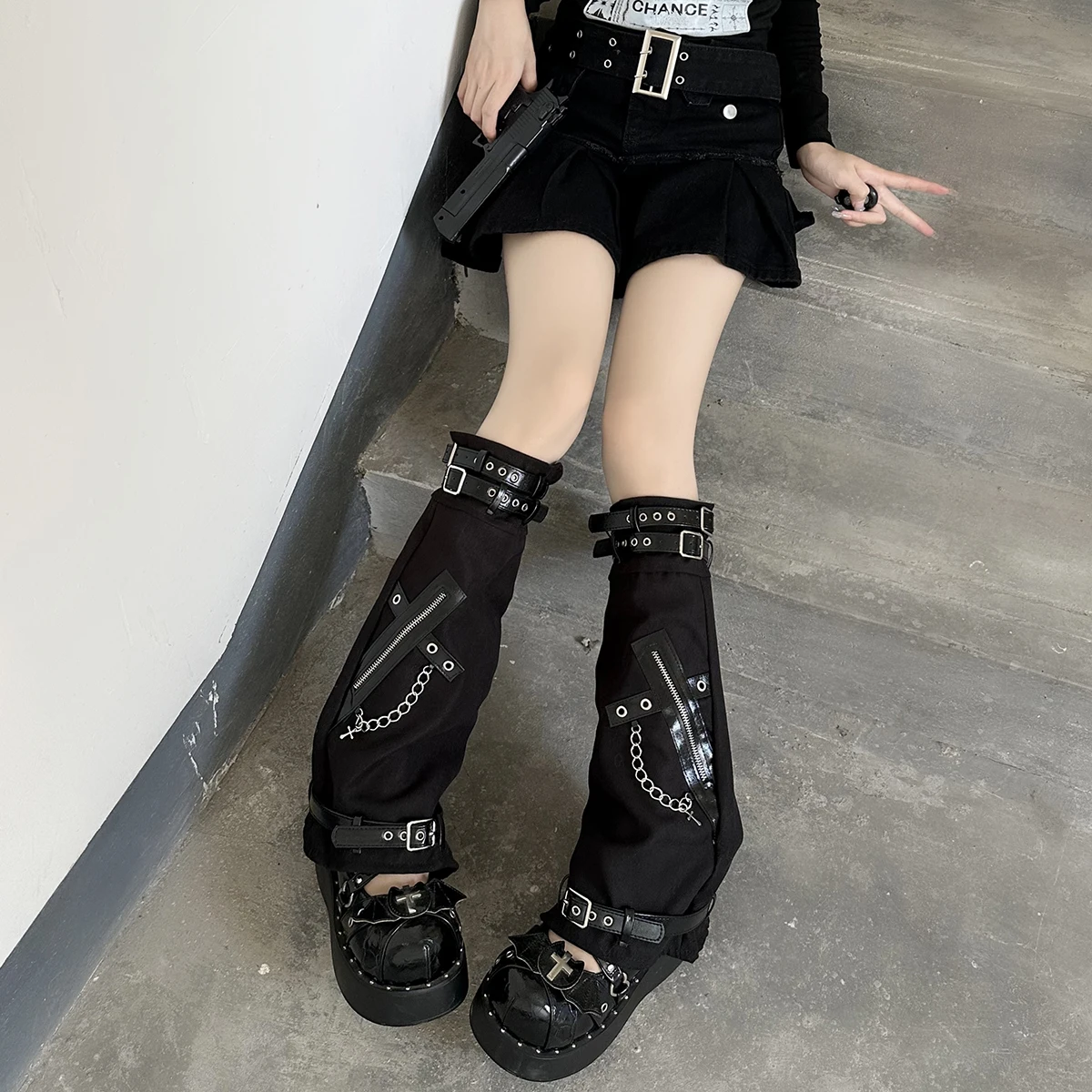 Japanese JK Leather Ring Love Foot Sock Female Sweet Bandage Leg Warmer Mid-Calf Length Loose Socks Punk Knee High Boots