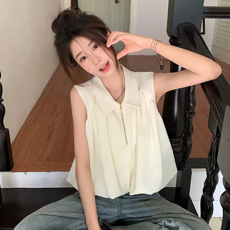 짧은 민소매 셔츠 상의, 화이트 턴다운 칼라 짧은 블라우스, 우아한 패션 여성 의류, 청춘 스위트, 심플한 여름 Best5 짧은 민소매 셔츠 상의, 화이트 턴다운 칼라 짧은 블라우스, 우아한 패션 여성 의류, 청춘 스위트, 심플한 여름 Best5