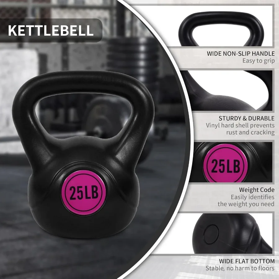 Vinyl Kettlebell Set,75 Pound Options – Cement-Filled Strength Training Weights with Ergonomic Grip and Color Coding for Full Bo