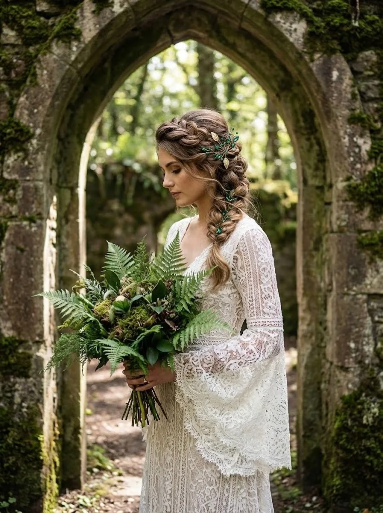 3-teiliges Set Handgefertigte Smaragdgrüne Kristall-Haarnadeln mit Goldblatt, Braut-Kopfschmuck im Waldstil, Haarschmuck für Damen – Detail 2
