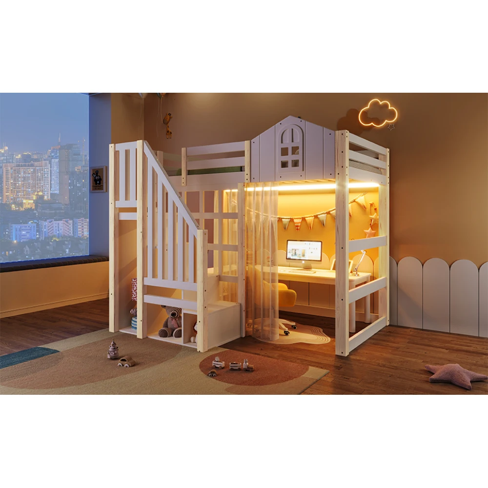 90x200cm Kinderzimmer-Hochbett, mit LED-Leuchten und Gaze, Fensterform, offenes Aufbewahrungsfach, Weiß + Natur (ohne Matratze) – Detail 21