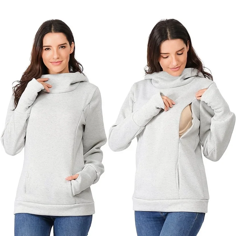 Women's Maternity Nursing Hoodie Long Sleeves zipper Sweatshirt Breastfeeding Tops Casual Clothes with Pocket