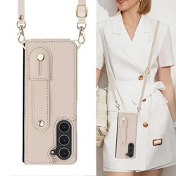 Crossbody Wristband Wallet Leather Case with Double Magnetic Button and Card Slot Design - Galaxy Z Fold4 (Beige)