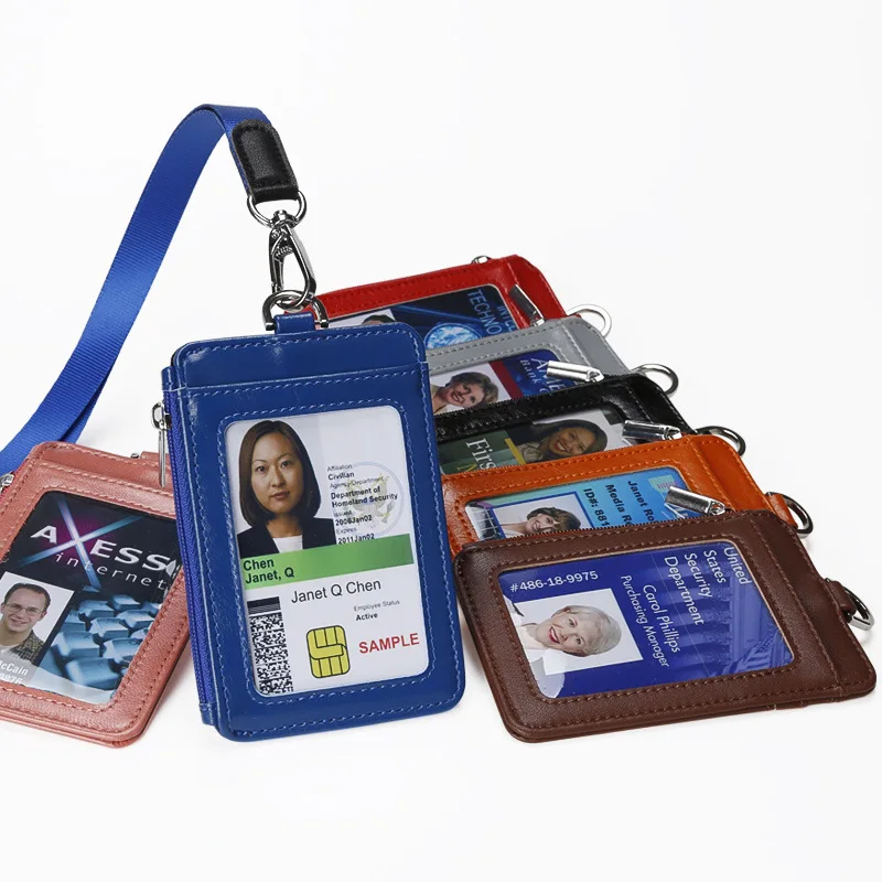 2023 Genuine Leather Work Card Set ID Card Badge Holder Case Bank Credit Factory Name Card Clip Badge File Holder Accessories employee id card badge holder genuine leather business bank credit card lanyard pass bus cards credentials clip with neck strap