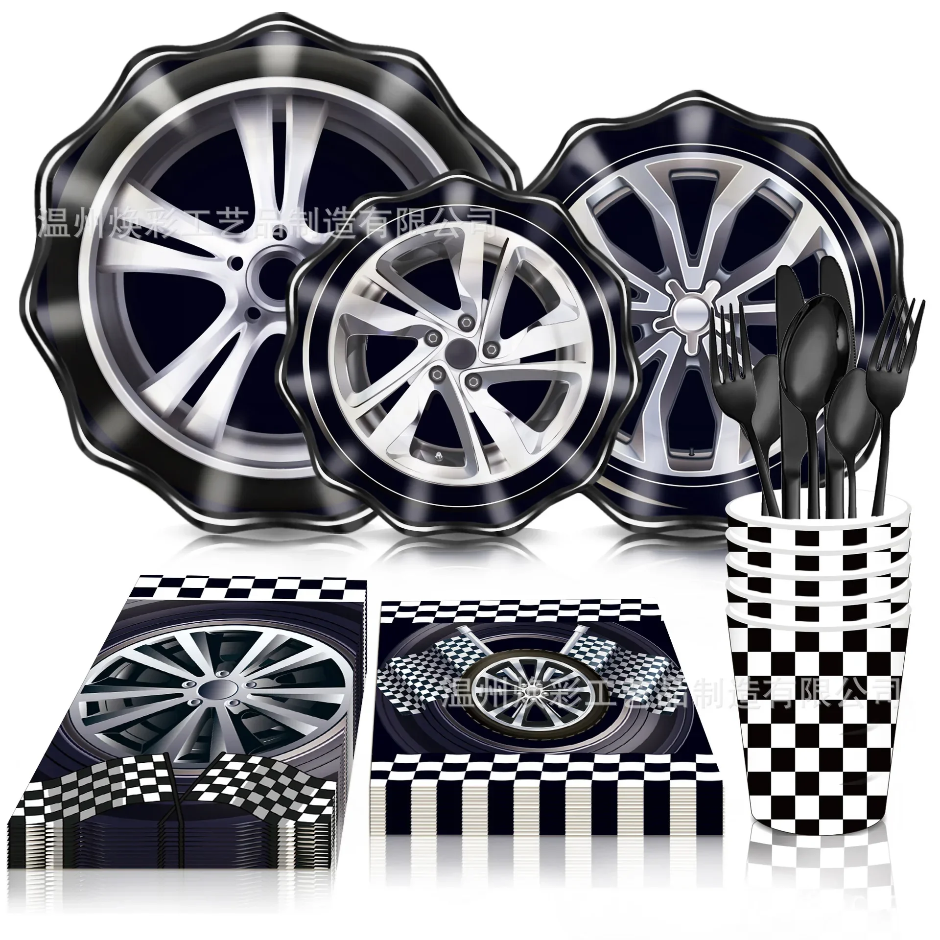 

8Guests Racing Wheels Disposable Tableware Tire Black White Checkerboard Plates Cups Napkin Happy Racing Birthday Party Decor