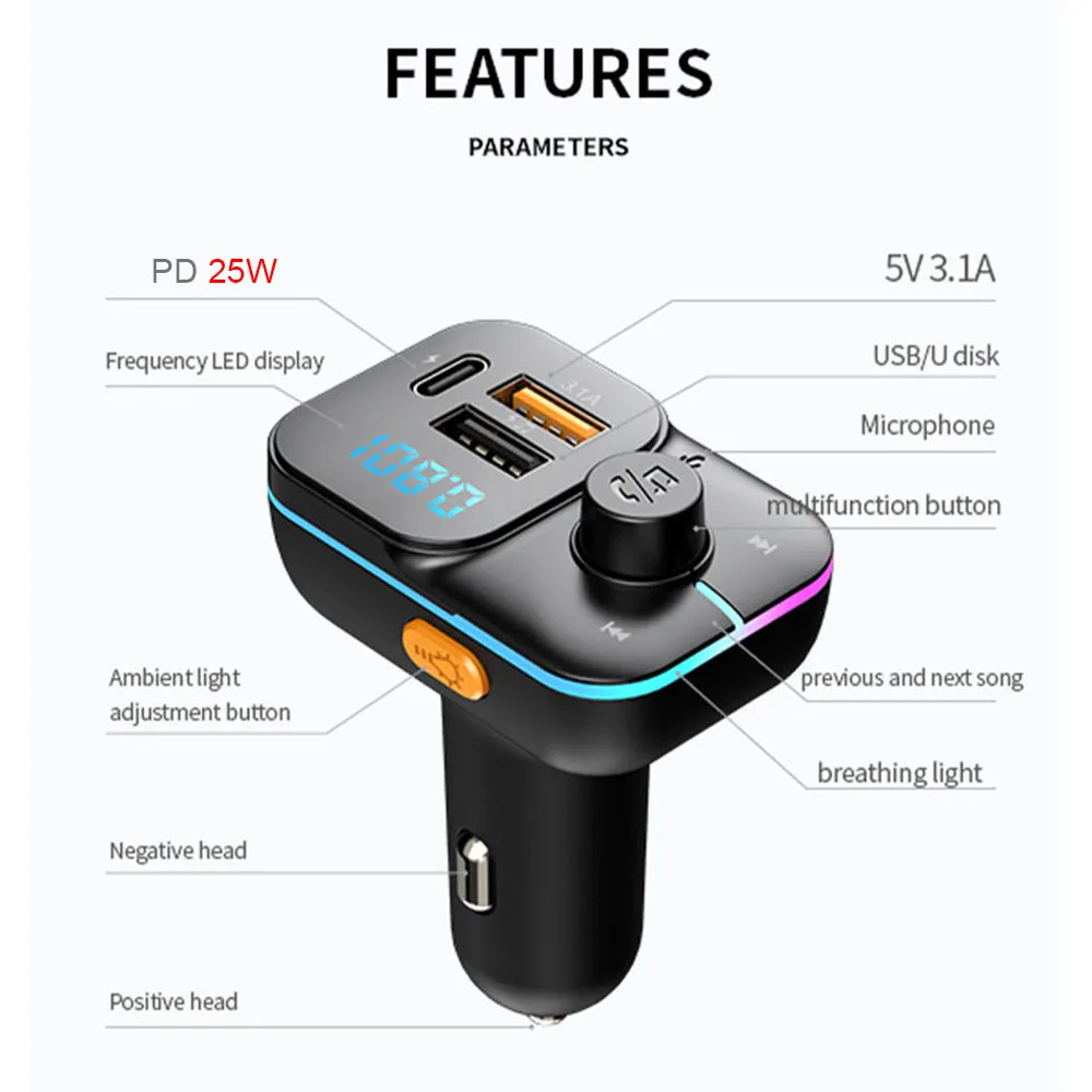 Bluetooth 5.0 FM Transmitter Car Adapter with Type-C PD QC3.0 USB Port Support MP3 Player Handsfree Calling fm transmitter,car mp3 player