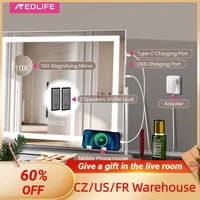 Redlife Vanity Mirror w/ LED Light Strip 22"x19" Makeup Mirror w/ Dimmable Control 10X Magnification USB Phone Holder 2 Speakers 1