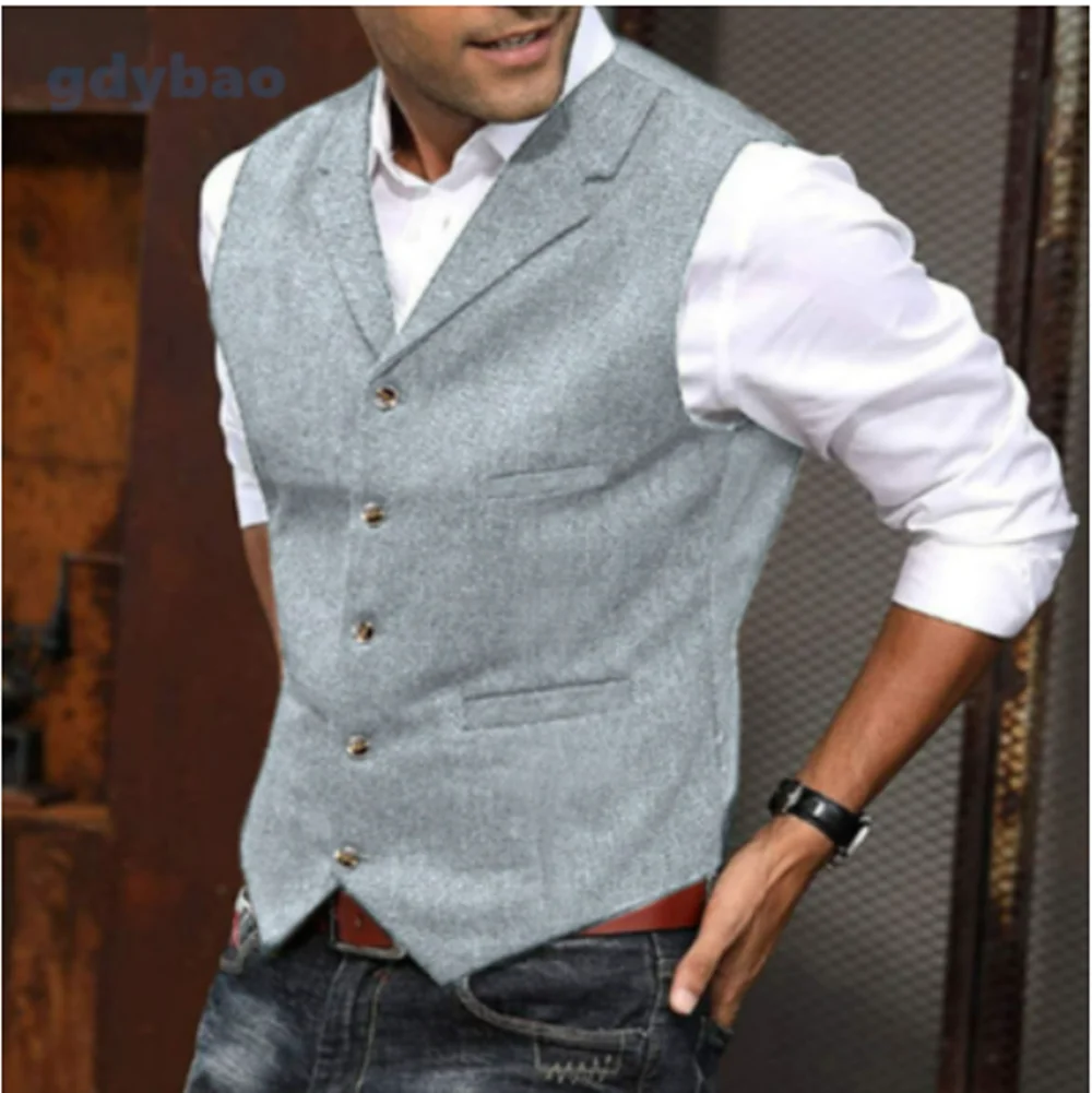 Men's Casual Classic Suit Vest V Neck Herringbone Tweed Slim Fit Business Waistcoat For Wedding 2