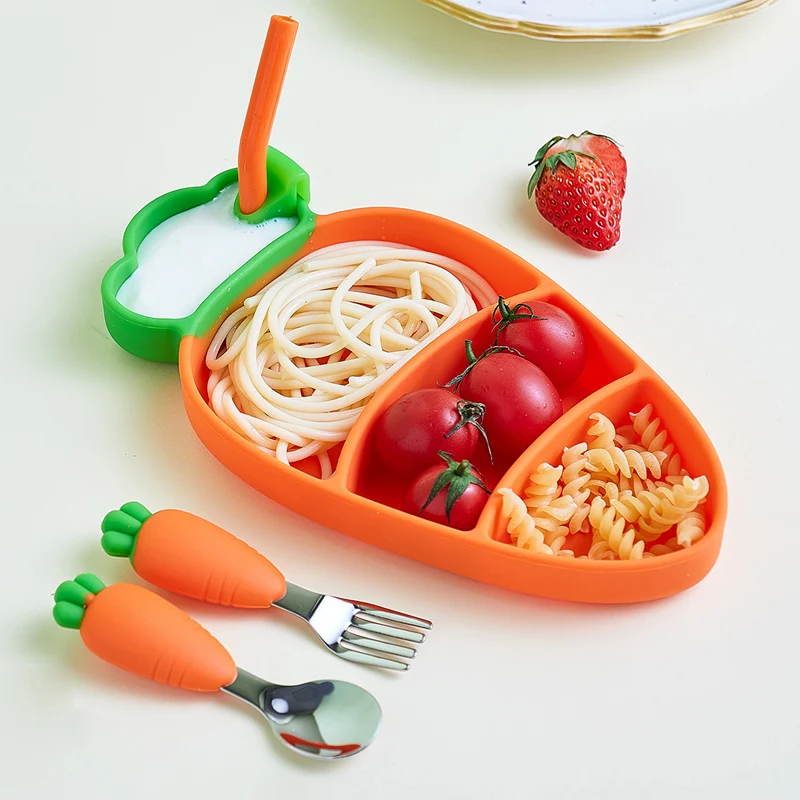 

Safe Silicone Baby Dish Set Carrot Children Tableware Fork Spoon Kids Divided Plates with Suction Cup Straw Utensils 4Pcs/Set