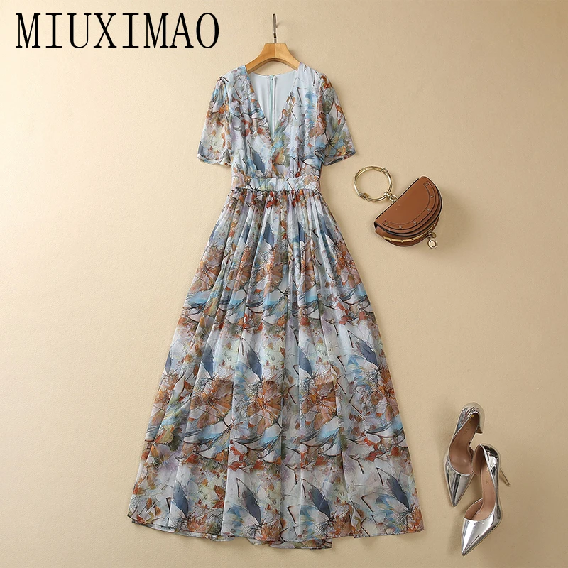 

MIUXIMAO 2023 Elegant Ink Painting Dress Short Sleeve V-Neck Holiday Fashion Long Dress Women Vestide