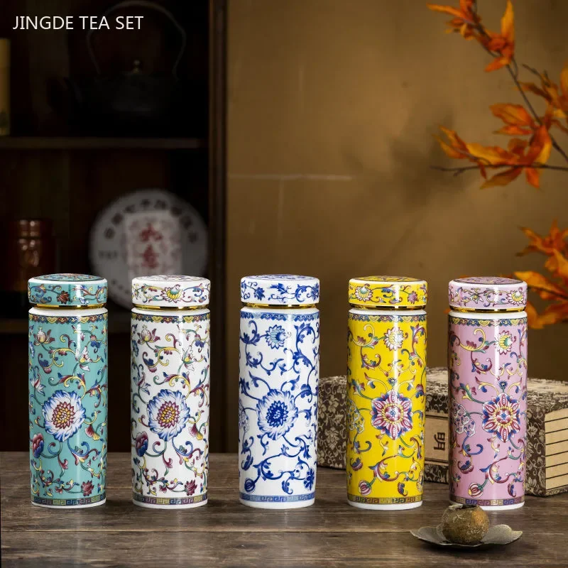 380ml Jingdezhen Ceramic Enamel Color Teacup Double Inner Liner Blue and White Porcelain Tea Cup Office with Cover Cup