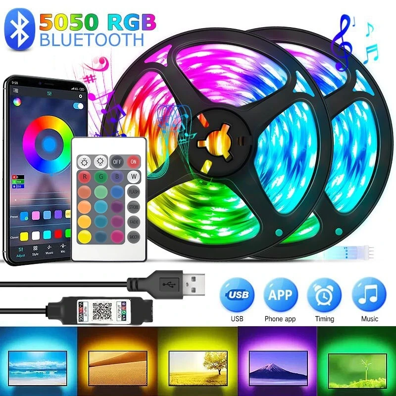 

Светодиодная лента RGB с управлением через приложение, меняющие цвет свет, 24 клавиши, фотолента 5050 для ТВ, настольного экрана, украшение комнаты