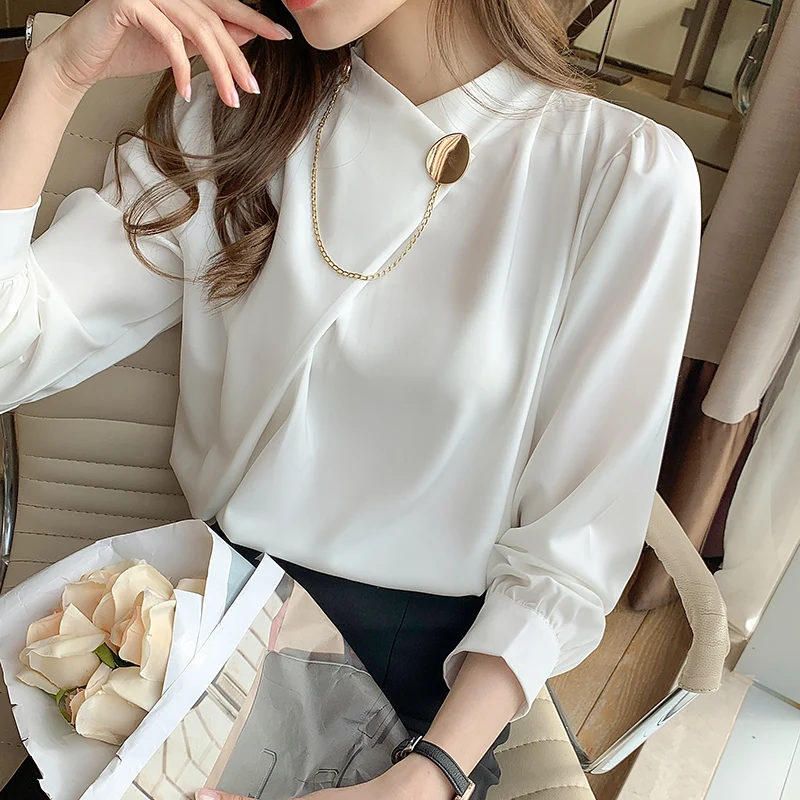 Women's Shirts Solid Satin Blouses for Women Chain Asymmetric Blouse Women Long Sleeve Top White O-neck Female Basic Shirt