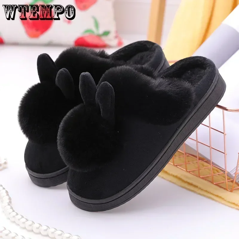 WTEMPO Female Furry Plush Slippers Home Indoor Ladies Soft Shoes Fluffy House Shoes Women Winter Warm Slippers Cute Rabbit Ears