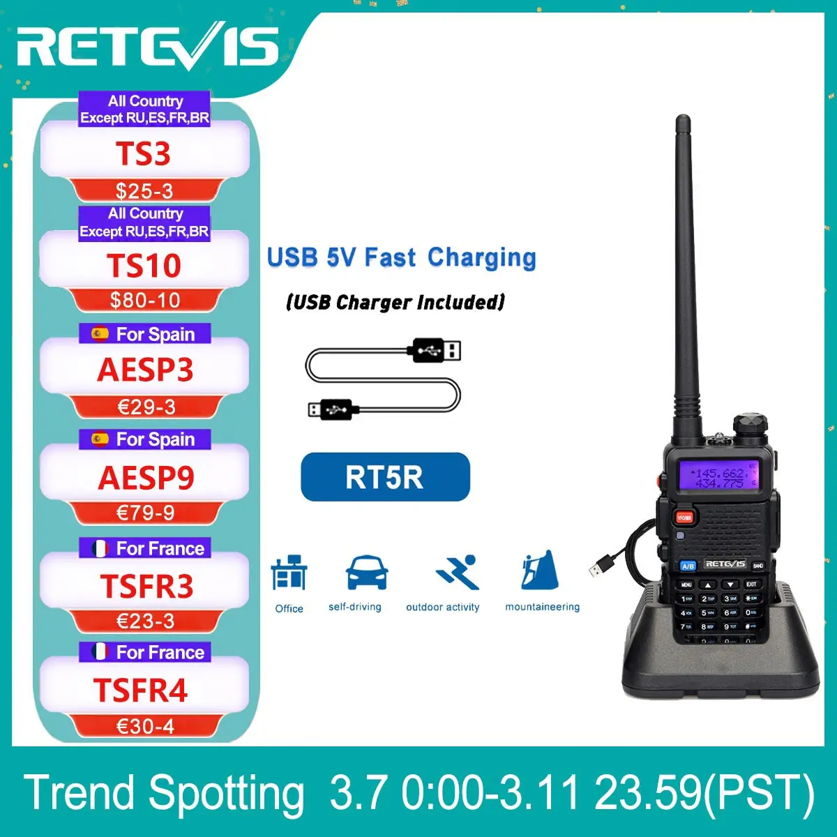 Retevis RA685 Walkie Talkie Portofoon, Handheld Ham Radio 5W 2m/70cm