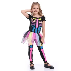 Halloween Children Cute Colorful Skull Jumpsuit Scary Skeleton Ghost Punk Short Skirt Costume for Kids Girls Cosplay Outfit