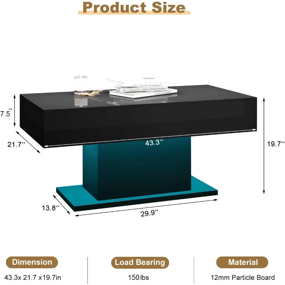 Led Coffee Table for Living Room, Living Room Table Rectangular Center Table, Modern High Glossy Wooden Coffee Tables