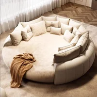 Lit Double King Size Rond, Lit Double Complet, Lit Double Luxe en Bois Moderne, Meuble de Chambre à Coucher avec Cadre de Tête de Lit Queen Size 4