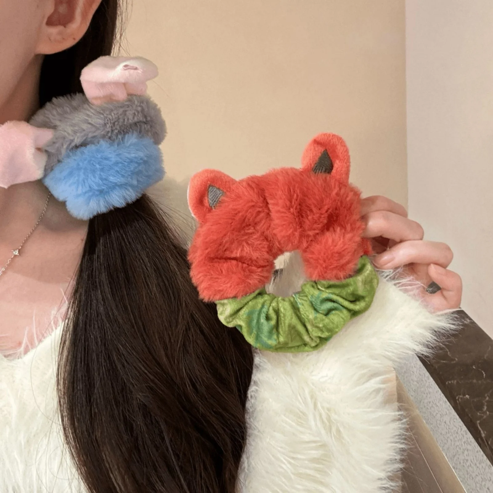 2PCS Crazy Animal City Theme Plush Scrunchie Set, Fox Rabbit Hair Ties, Cute Cartoon Hair Accessories, Stylish Party Hair Decor