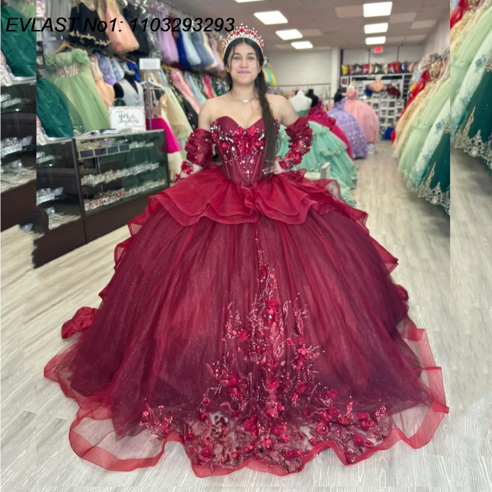 Quinceanera Dress Burgundy Shiny Ball Gown Floral Applique Beading Tiered Sweet 16 E1Q225
