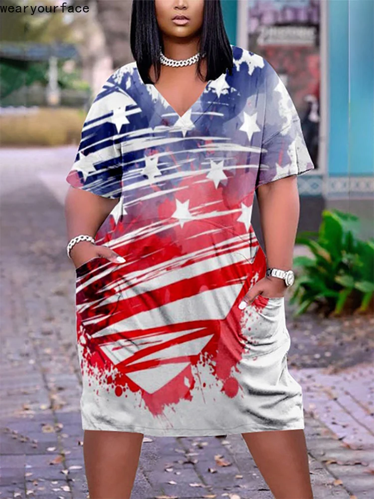 

Футболка женская длинная со звездами и полосками, уличная одежда с 3D-принтом под Флаг США, домашняя пижама, повседневная одежда с коротким рукавом