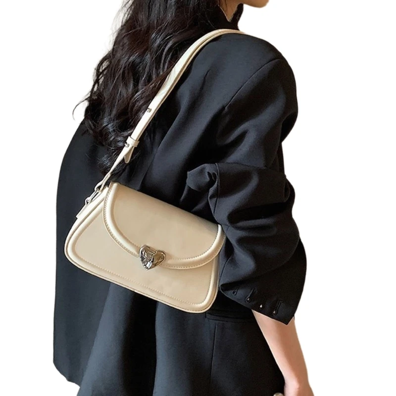 Crossbody Bags Solid Color Shoulder Bag with Heart Buckle for Women Girl E74B