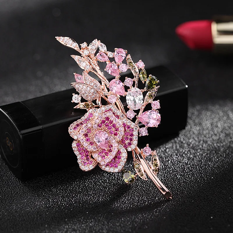 

Heavy Industry Micro inlaid Colorful Berberine Breast Flower Temperament, Zircon Needle, Evening Banquet Dress Accessories, Rose