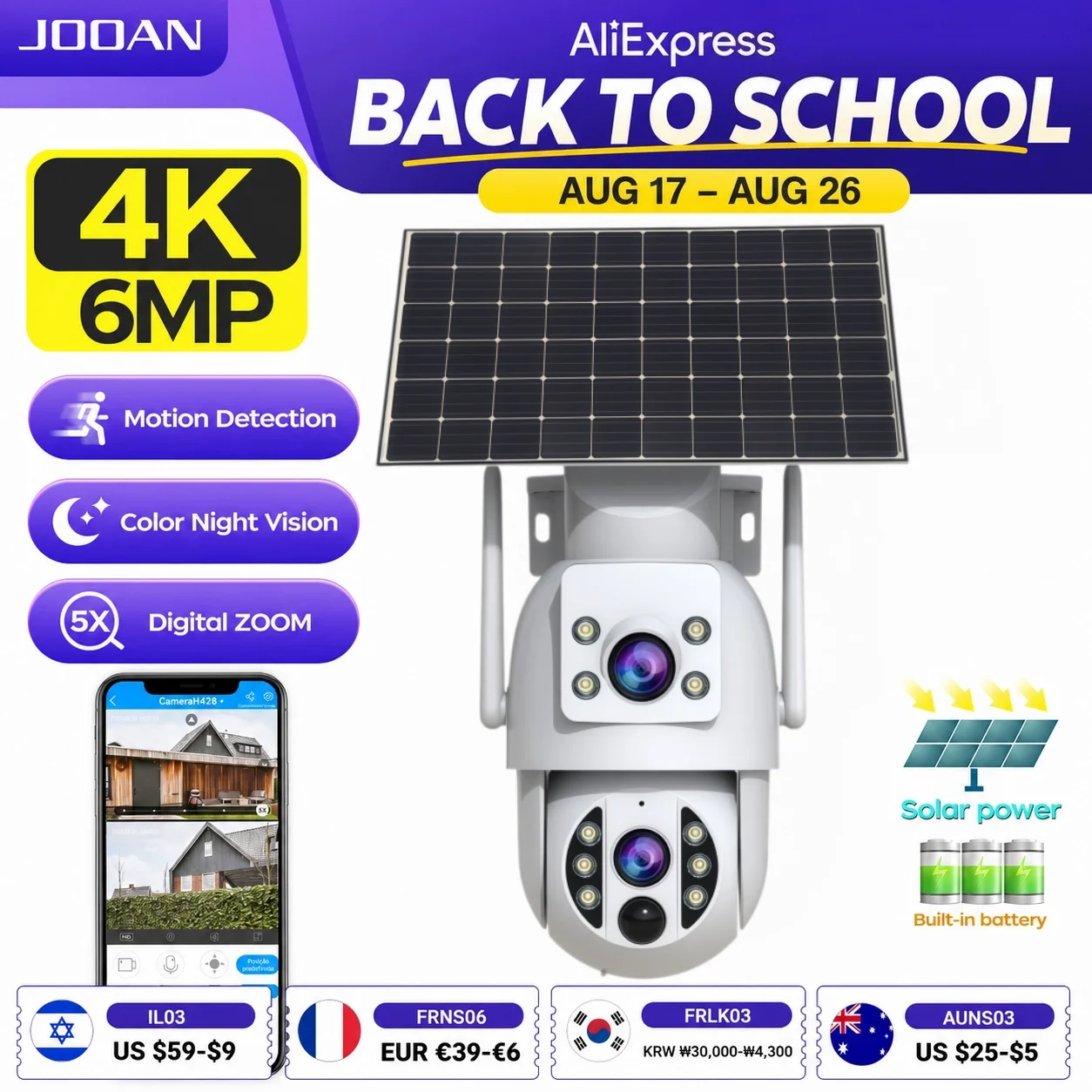 JOOAN 4K caméra de sécurité solaire sans fil extérieure double objectif caméra IP solaire PIR détection humaine Vision nocturne batterie caméra de vidéosurveillance 1