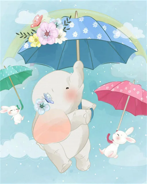 Elephant with umbrellas Nursery Painting By Numbers