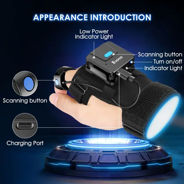Eyoyo 2D Bluetooth Barcode Scanner Left&Right Hand Glove Wearable Scanner Patable 1D QR Finger Bar Code Reader Wireless Device 4