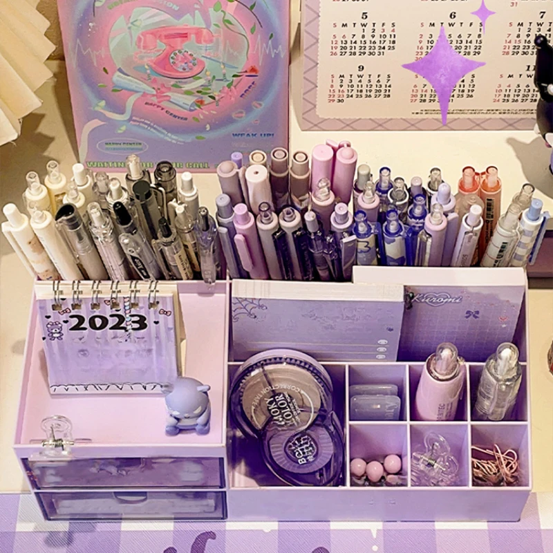 Portapenne Kawaii Con 2 Cassetti Per Scrivania - Organizer Carino Per Bambine E Ragazze Creative, Viola - Foto 6