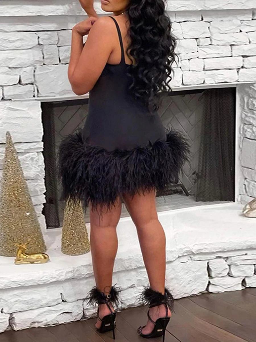 

Women s Sexy Mesh Sheer Feather Hem Dress Sleeveless See Through Bodyocn Mini Dress Party Club Night Dress