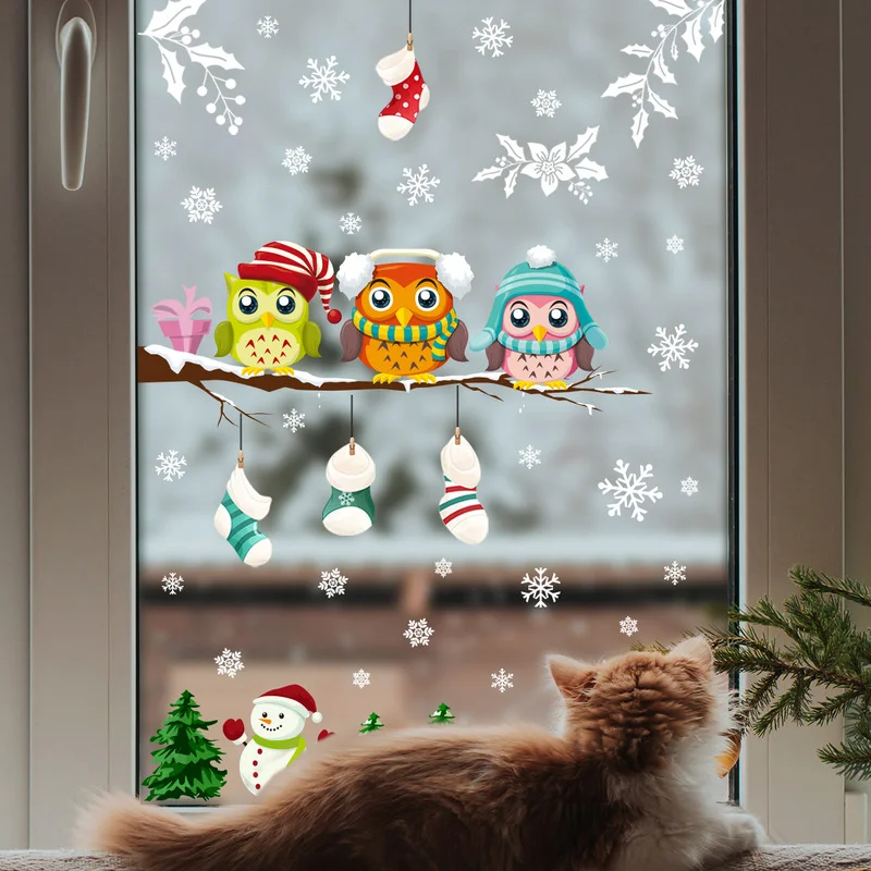 Branch Owl Snowflake Wall Sticker Christmas Glass Sticker Living Room Bedroom Window Decoration Wall